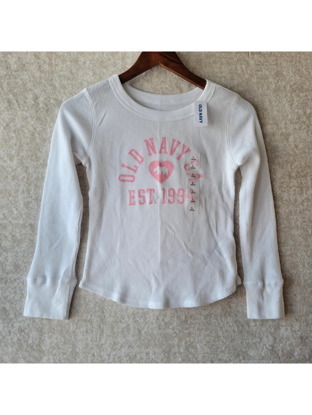 Old Navy Thermal Shirt Girls Large 10-12 White Pink Long Sleeve NWT
